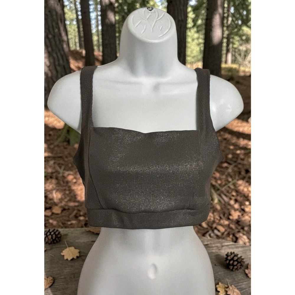 ONA By Yoon Chung Gray Ribbed Foil Athletic Crop Top Sz Large Stretch Sports Bra